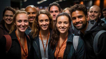 Fototapeta premium A group of young, joyful participants at a business conference, engaged in networking and learning.