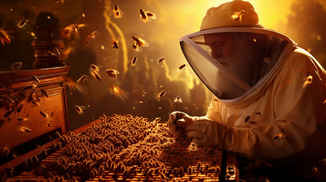 an elderly beekeeper is working with bees in a beehive in great sunlight - Powered by Adobe