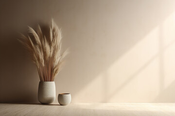 Room with wooden floor, beige wall and empty space. Pampas grass in vase. Mock up interior. Copy space for your furniture, picture, poster, decoration and other objects.