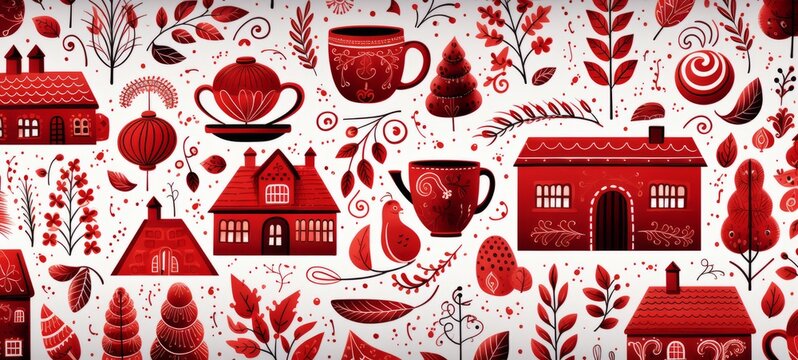 Christmas holidays pattern illustration in red colors on white background. Christmas holidays. Horizontal format for banners, posters, advertising, gift cards. AI generated.
