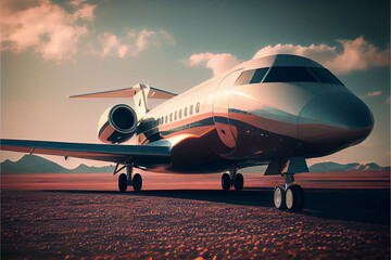 Luxury business jet on runway. Extremely detailed and realistic high resolution 3d image
