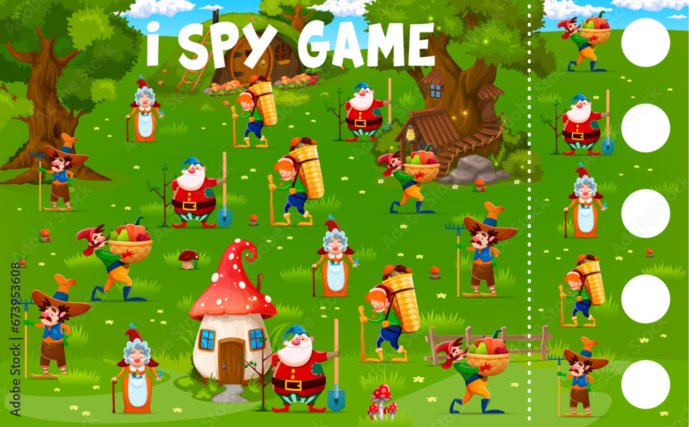 Poster i spy game worksheet with cartoon fairytale funny gnomes at village, vector quiz for kids. little gn