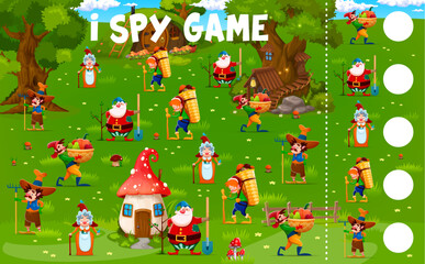 Fototapeta na wymiar I spy game worksheet with cartoon fairytale funny gnomes at village, vector quiz for kids. Little gnomes or dwarf elf in forest or garden village for puzzle game to find and match same objects