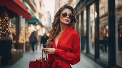 Obraz premium Fashion woman wears red dress, holding shopping bag. walking on street. AI generated