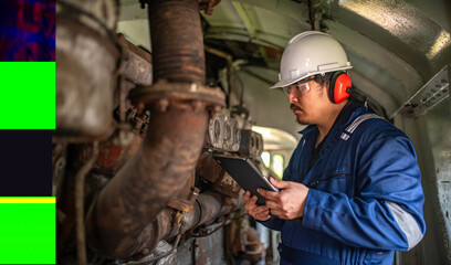 Engine engineer inspecting large machines in factory,Railway engine maintenance technician,engine repair mechanical manager