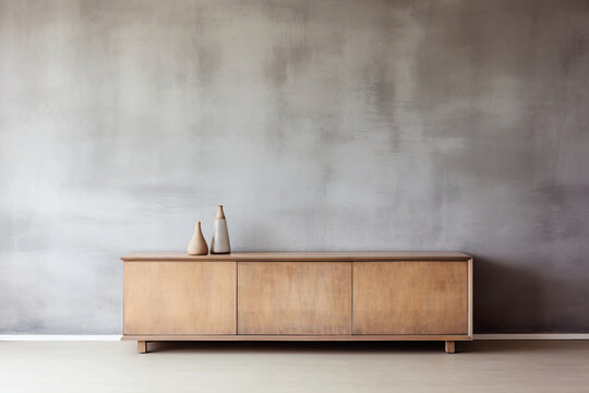 Minimalist wooden sideboard against a textured gray wall with two elegant vases, exemplifying modern simplicity. Copy space for your artwork, picture, poster. Apartment interior design.
