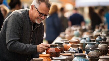 A person admiring handcrafted pottery at an art and craft fair