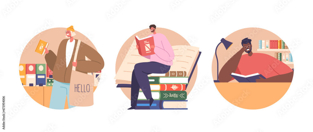 Poster isolated round icons or avatars with characters engrossed in books, their worlds expand through page