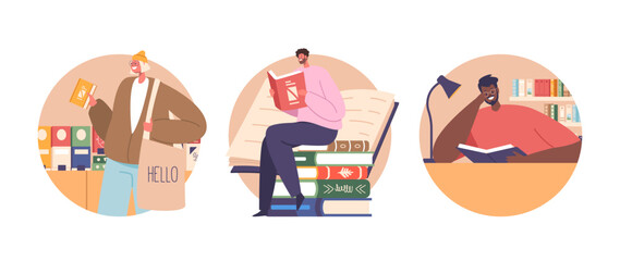 Isolated Round Icons Or Avatars With Characters Engrossed In Books, Their Worlds Expand Through Pages, Illustration