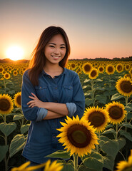 Asian woman with her arms crossed and very happy, denim jacket, in sunflower field