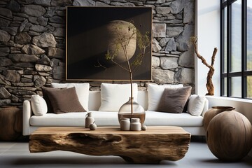 A rustic root ball coffee table near a white sofa against a white wall with decorative stone paneling, reflecting minimalist style interior design for a modern living room