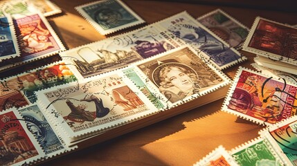 A spread of vintage Christmas stamps and envelopes.  - obrazy, fototapety, plakaty