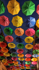Fototapeta na wymiar Paraguas de colores colgando sobre la calle utilizados como decoración en el Poble Espanyol de Barcelona