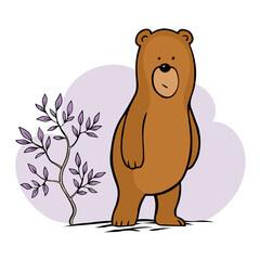 Cartoon bear on forest background. Puzzled face. Tree foliage. Funny and clumsy character for children. Wild animal. Character for a postcard. Vector isolated animal illustration. Hand drawn line