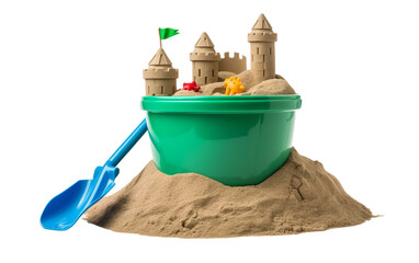Amazing Childs Sandcastle Creation with Bucket and Blue Shovel Isolated on Transparent Background...