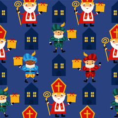 Seamless pattern Dutch Santa Claus. Happy Sinterklaas seamless background. St Nicholas repetition background.