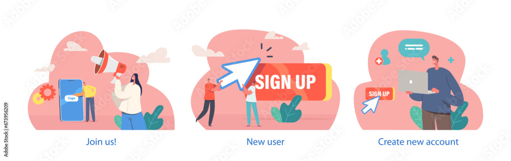 Poster isolated elements with characters create a new account, clicking the sign up button, enter details, 