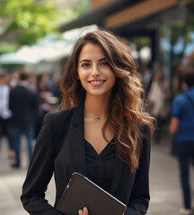 Beautiful smiling businesswoman outside. Generative Ai.