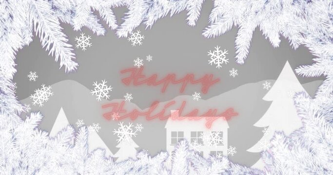 Animation of branches around snowflakes, snow covered trees and houses against mountains
