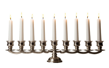 Beautiful Classic Silver Menorah with Nine Glowing Candles Isolated on Transparent Background PNG.