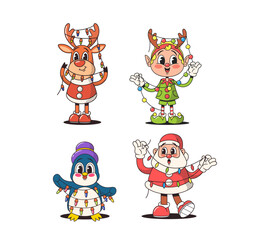 Cartoon Christmas Characters In A Charming Retro Style, Festive Scene Unfolds With A Whimsical Deer, Cheerful Elf