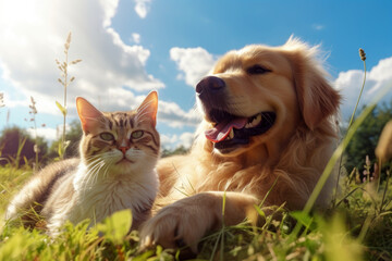 A cute couple of furry friends little cat and a mischievous little dog, are playing together in the...