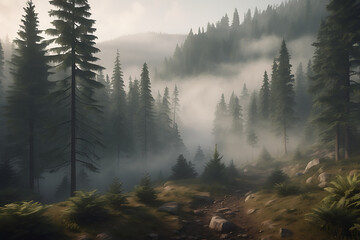 Misty landscape with fog-shrouded woods