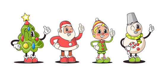 Retro-style Christmas Characters Evoke Nostalgia. Santa Claus With Twinkle Wink Eyes, Snowman In Classic Attire, Tree - obrazy, fototapety, plakaty