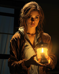 Young beautiful woman holding a lit lantern in front of her, cartoon illustration
