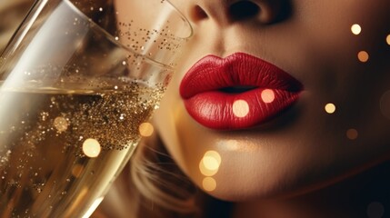 glamour portrait of a beautiful girl with a glass of tasty champagne at new year's party closeup