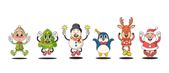 Retro-style Christmas Characters Feature Nostalgic Jolly Santa, Rosy-cheeked Snowman, And Festive Elf, Tree, Reindeer