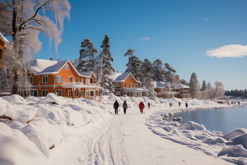 A group of people stroll on a snowy path by traditional red wooden houses under a bright blue sky on a tranquil winter day.