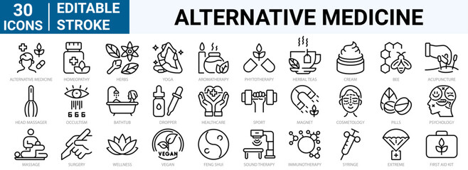 set of 30 line web icons alternative medicine. Vitamin therapy, anti-aging, wellness, Ayurveda, Chinese medicine. Holistic Center. Editable stroke. - obrazy, fototapety, plakaty