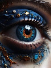 Human eye with blue and golden cosmic make up decorated with stars and shimmer. Space, universe, cosmic concept