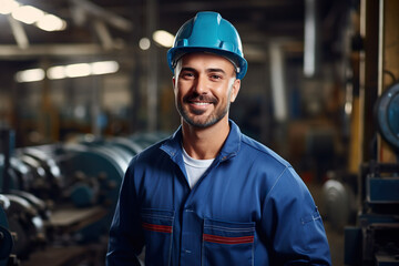 Male Factory Worker in Mid-shot with Safety Helmet