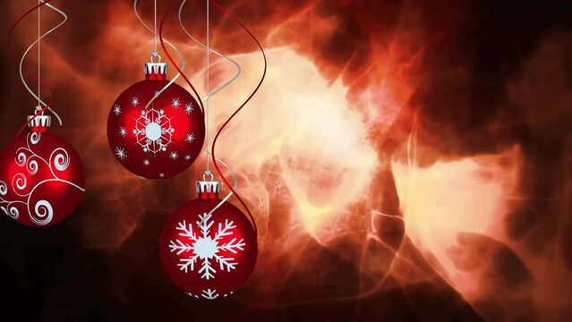 Animation of hanging baubles over illuminated abstract pattern against black background