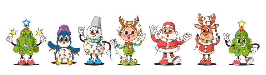 Obraz premium Retro Christmas Characters. Jolly Santa In A Vintage Red Suit, A Classic Snowman With A Bucket, Penguin With A Top Hat
