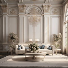 photo shot in Detail shot, classical living room, 3d render. AI generated