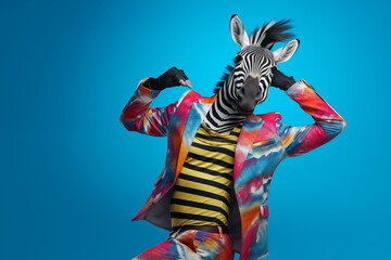 Zebra wearing colorful clothes with dancing on blue studio background.
