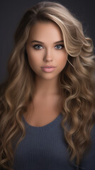 Fototapeta premium blonde teenager woman wearing a navy blue wide neck sweater, product apparel photography style, studio photoshoot, light white gray studio background. AI generated
