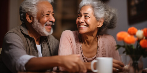 Best Friends Chatting: Senior Ethnic Couple Enjoying Coffee