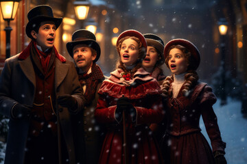 A group of carolers dressed in Victorian-era attire, singing on a snow-covered street, evoking the nostalgia of bygone Christmas traditions.