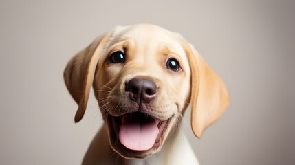 Smiling happy Chocolate labrador retriever puppy posing on light background studio photo