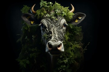 Cow depicted in vegetation against dark backdrop. Generative AI