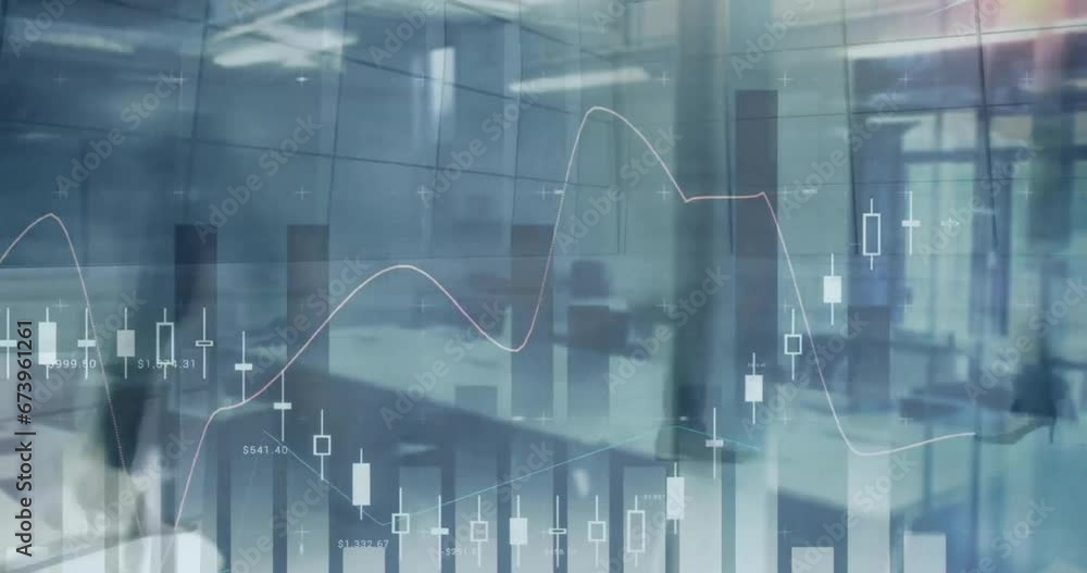 Aufkleber animation of multiple graphs over time lapse of walking people over empty office