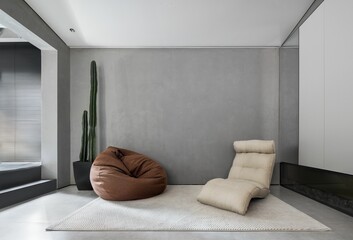 Interior of room with decorative recliner and pouf chairs situated next to a tall green cactus plant - obrazy, fototapety, plakaty