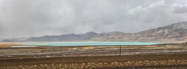 Stunning landscape in the Ali region of Tibet, with majestic mountains and a tranquil blue lake