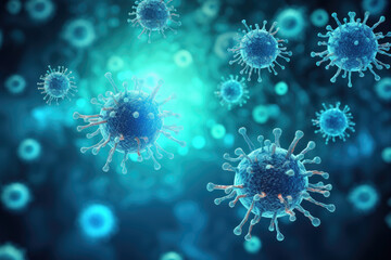 Virus or Bacteria microbial particles background, magnified under microscope that showing disease cell and cell structure, pathogen and pandemic infection medical health concept.