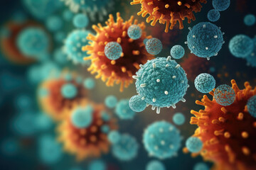 Fototapeta na wymiar Virus or Bacteria microbial particles background, magnified under microscope that showing disease cell and cell structure, pathogen and pandemic infection medical health concept.