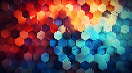 Abstract 3D hexagonal pattern with a glossy texture transitioning from cool blue to warm orange